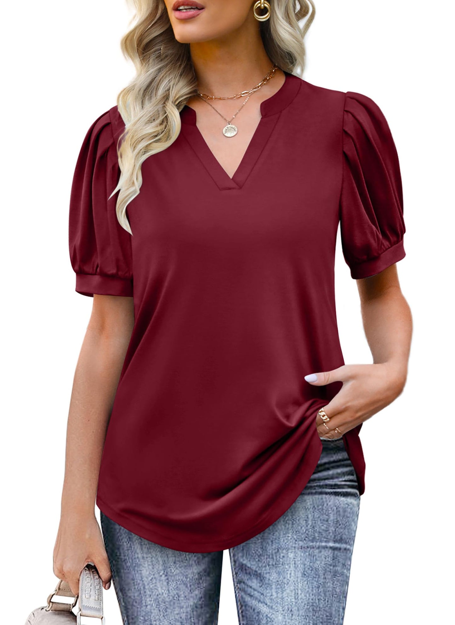 ✨Women's Pleated Puff Sleeve V Neck Tunic Tops