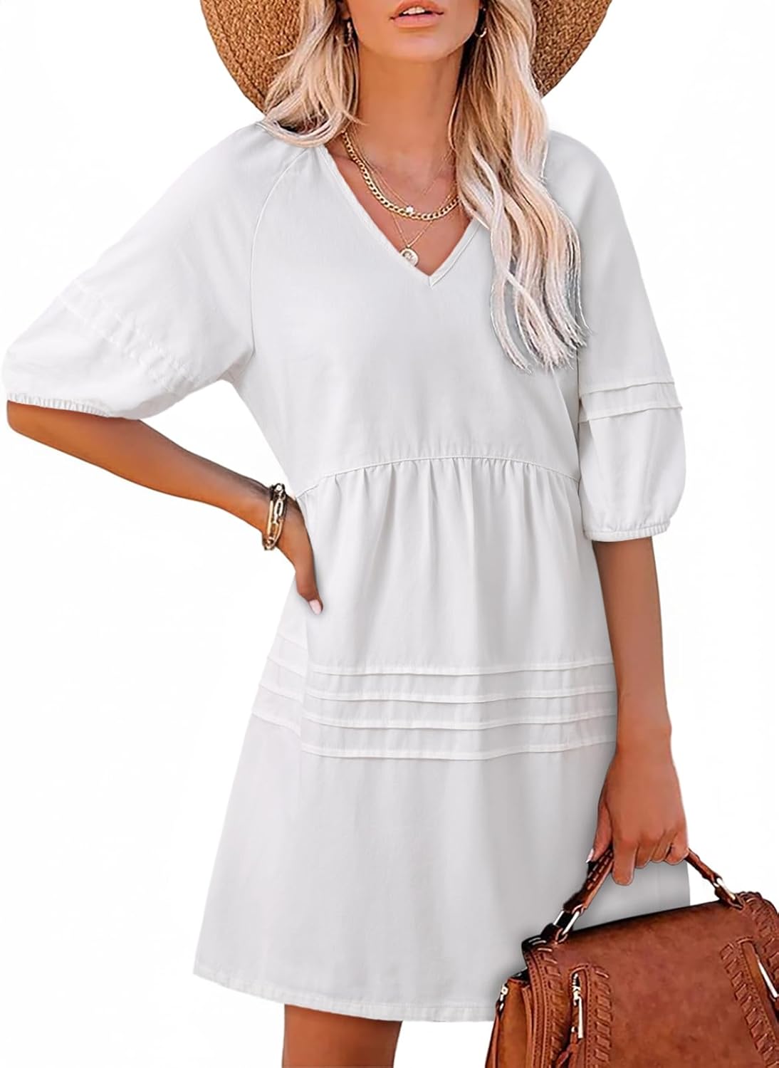 Women Casual V Neck Puff Short Sleeve Denim Dress(50% off!!!)