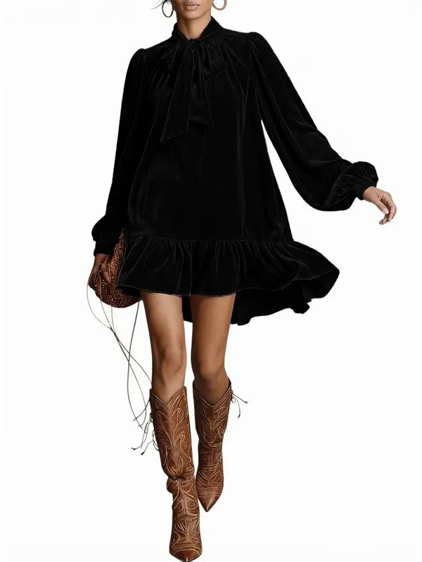 Women Tie Neck Long Sleeve A-Line Babydoll Mini Dress Ruffle Hem