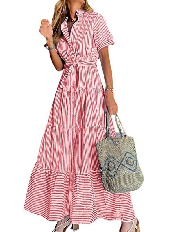 Women Button Down Striped Dress Lapel Collar Short Sleeve Dresses