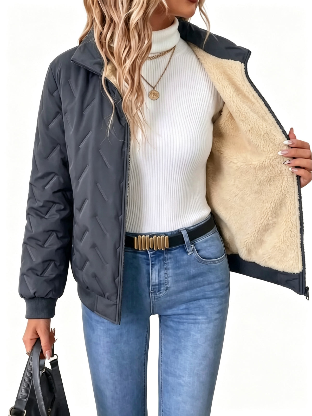 Women Mock Neck Zip Warm Jacket