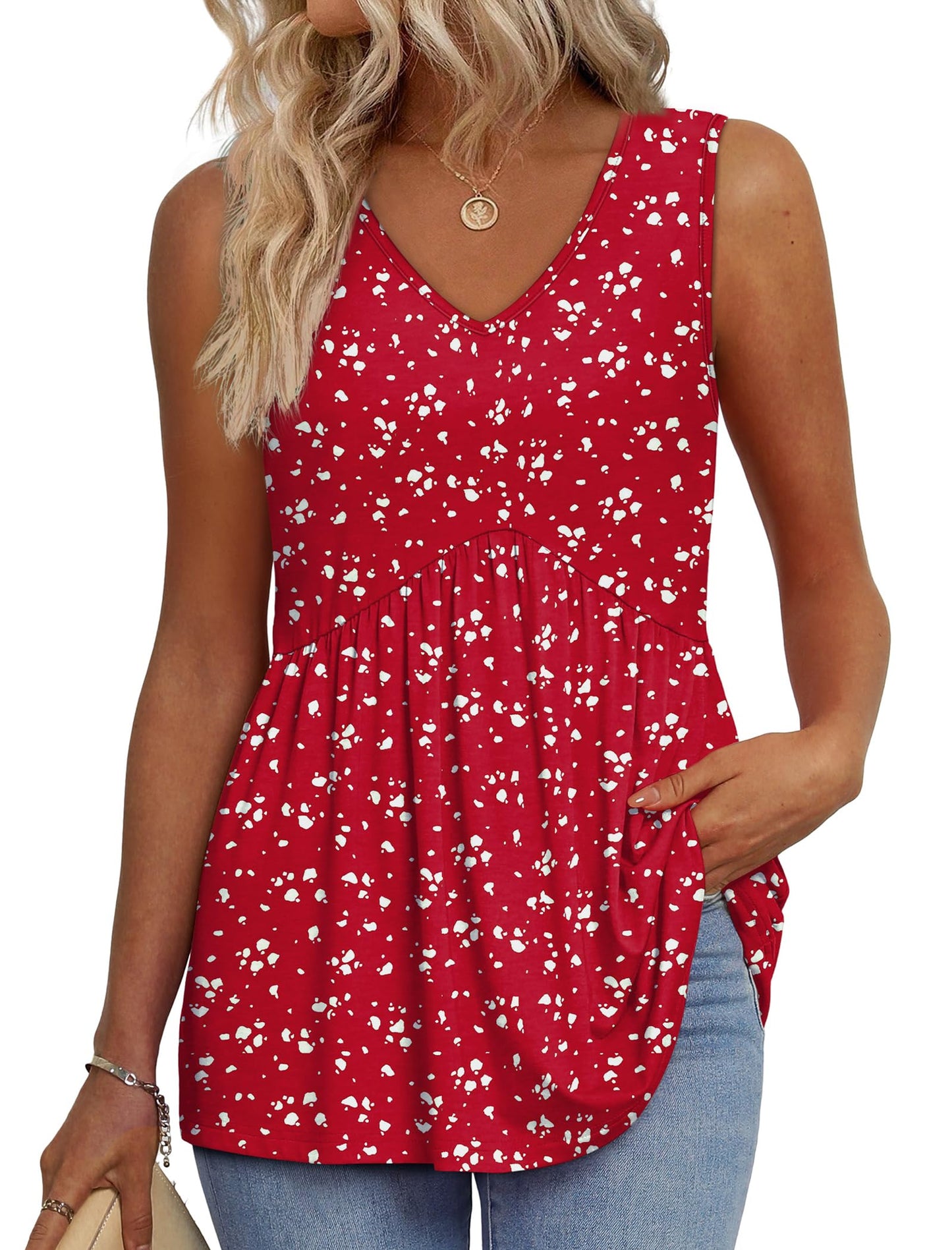 Women's V Neck Babydoll Peplum Sleeveless Flowy Tank Tops