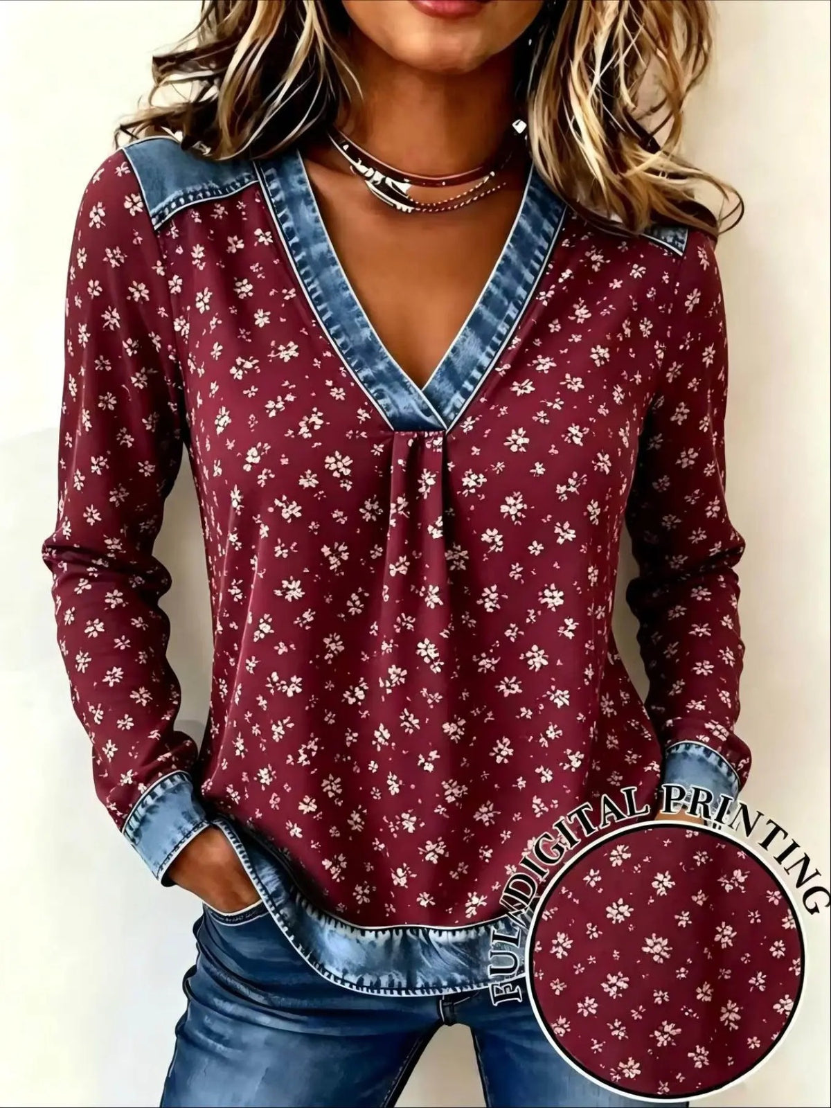 New Spring Fall Women's Fake Denim Patchwork Print V Neck Top