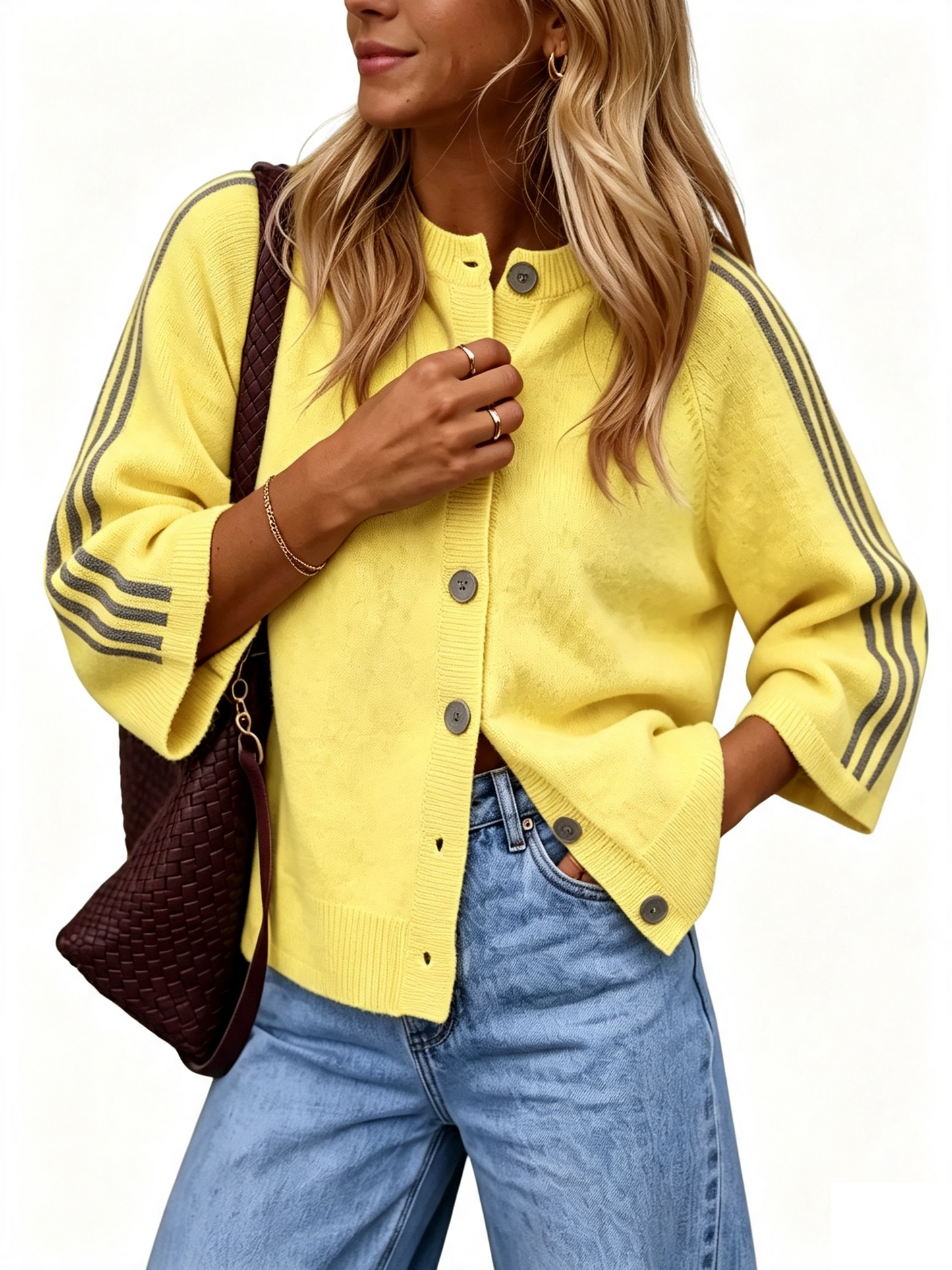 Women Striped 3/4 Sleeve Crew Neck Button Down Knit Cardigan