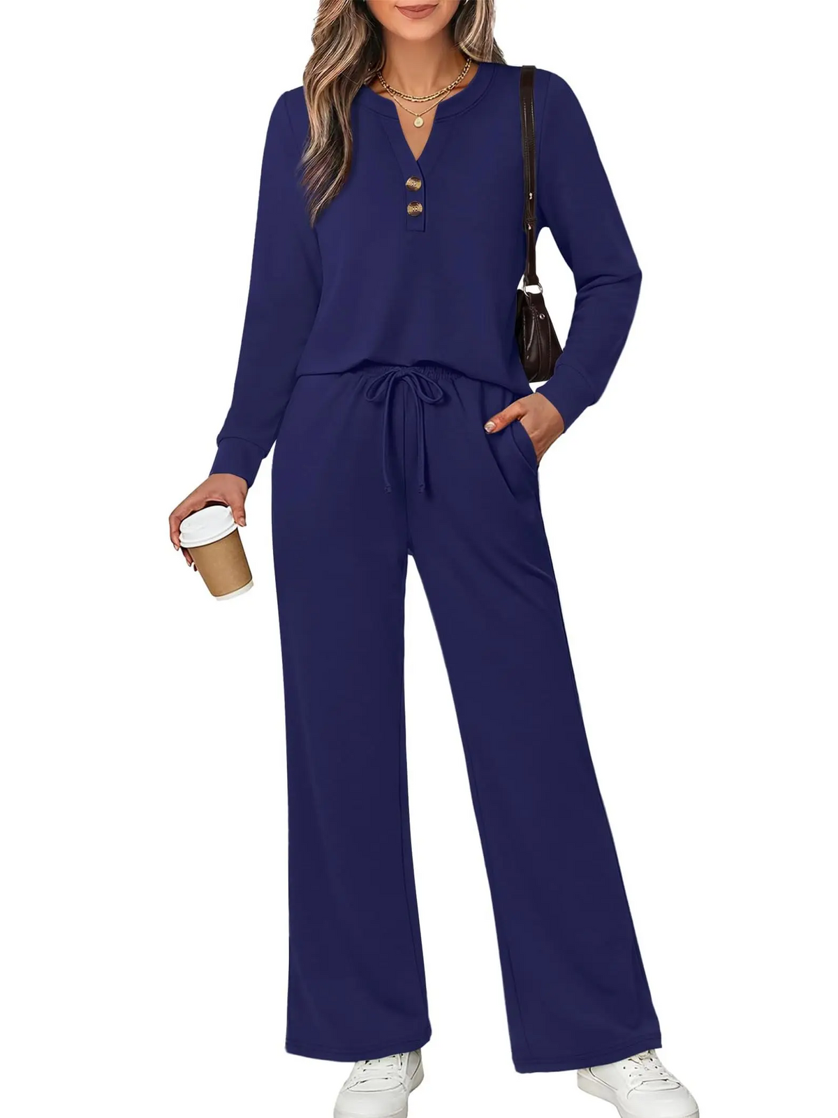 ⏰Hot Sale-Women Two Piece Lounge Set Long Sleeve Top Wide Leg Pants