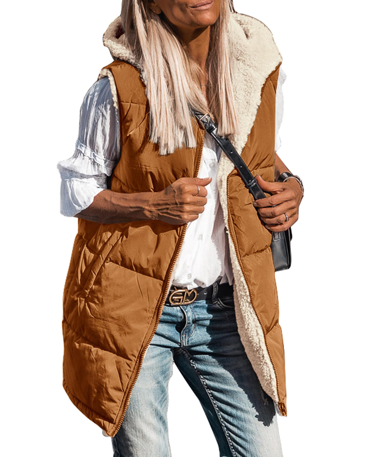 Women's Sleeveless Hooded Reversible Fleece Jacket Zip Up Coat Outerwear Vests