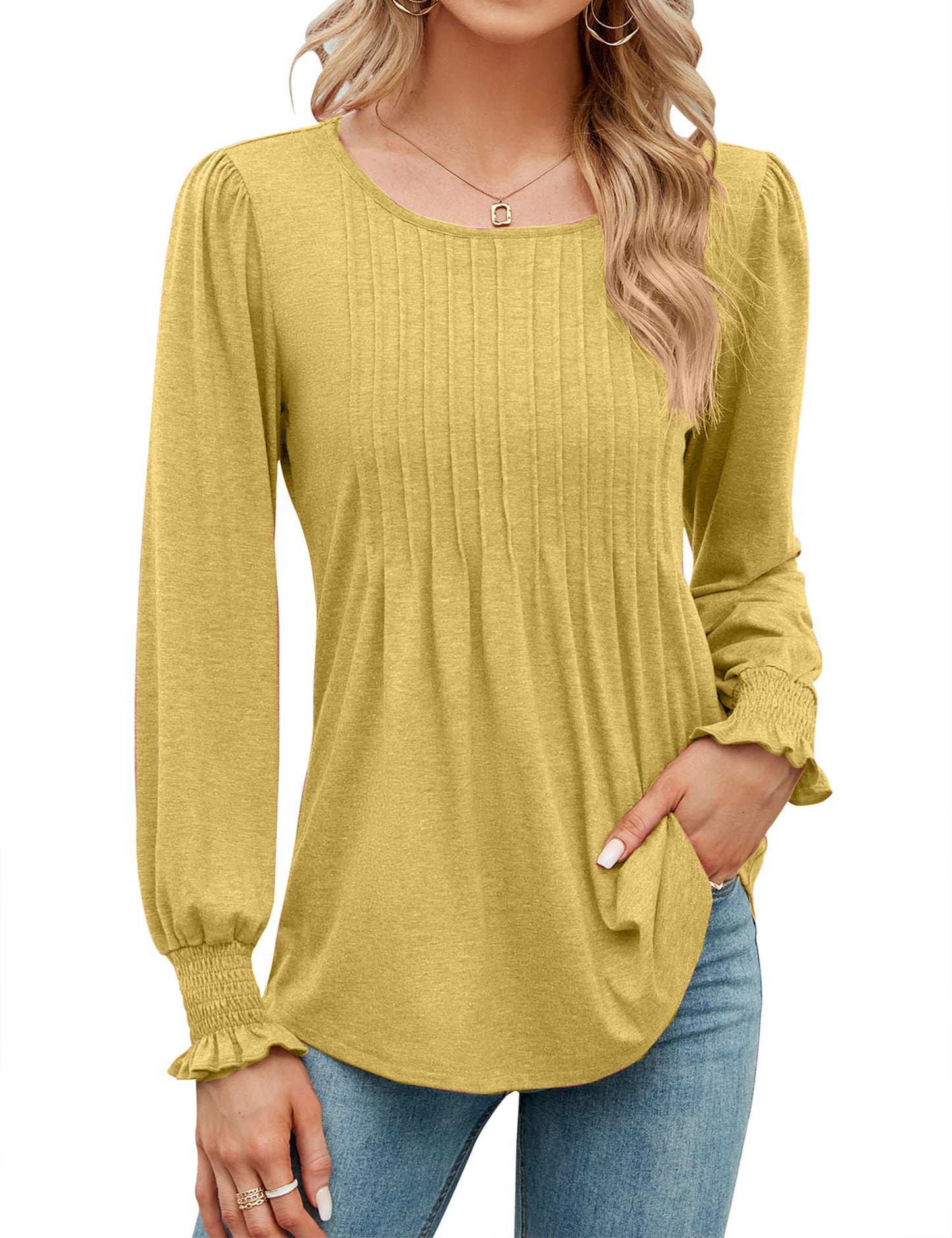 ✨Fall New Women's Pleated Puff Long Sleeve Tunic Tops