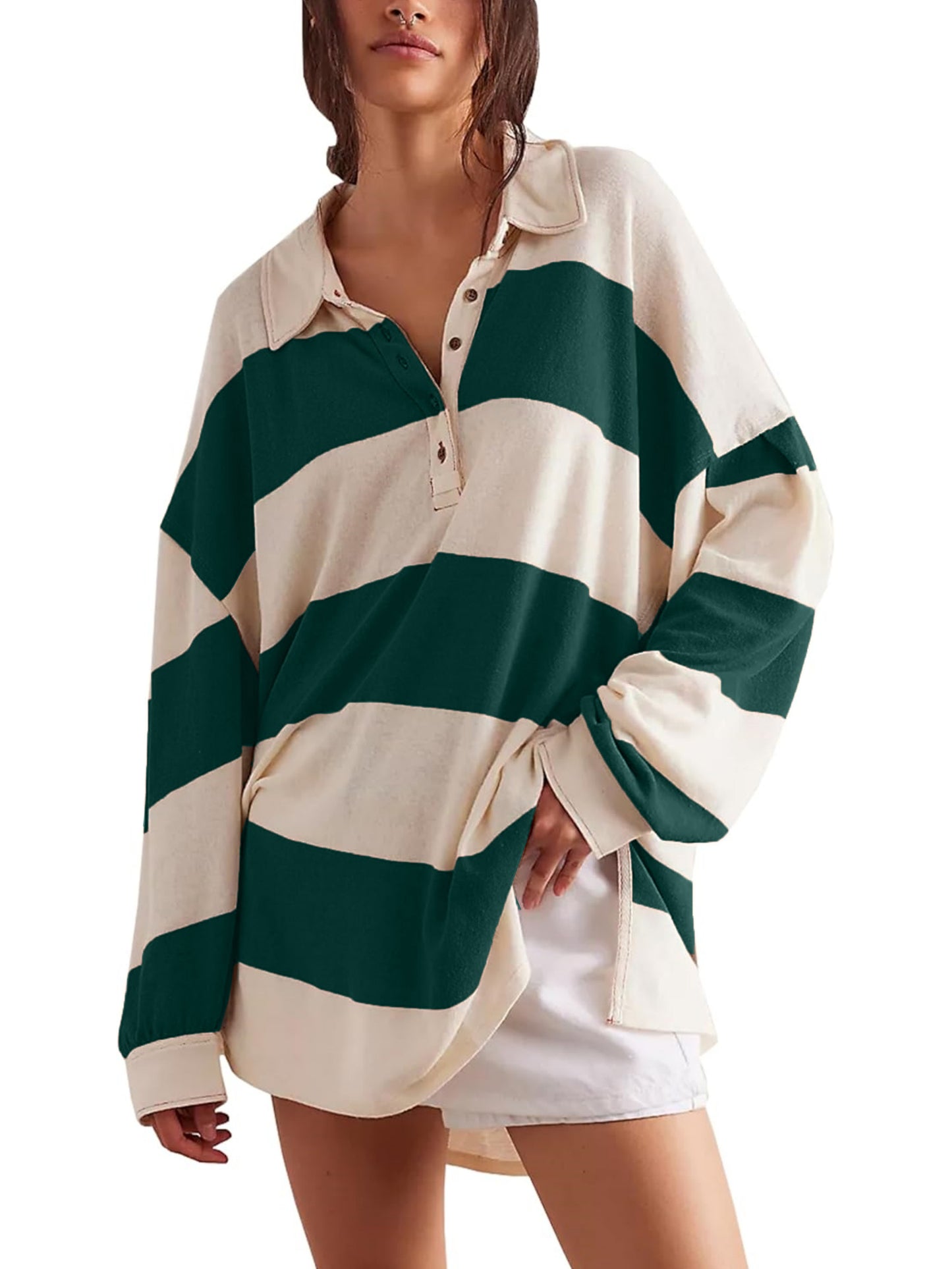 Women's Oversized Long Sleeve Button Striped Pullover
