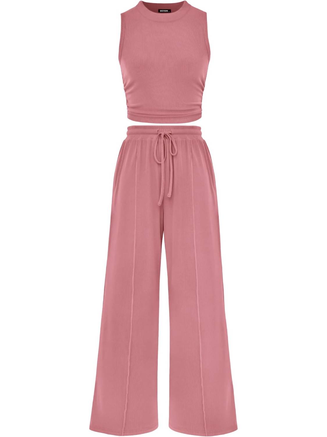 Women Crew Neck Sleeveless Cropped Top Elastic Waist Wide Leg Pants 2 Piece Set