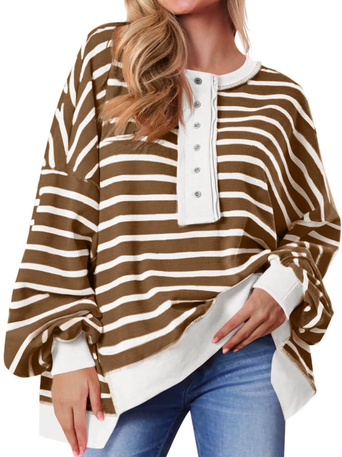 ✨Women's Striped Oversized Button Up Henley Neck Waffle Knit Pullover