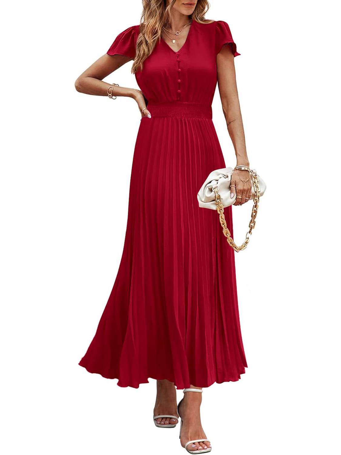 ✨Women's Summer Maxi Dresses Button V Neck Ruffle Cap Sleeve Long Flowy Pleated Dress