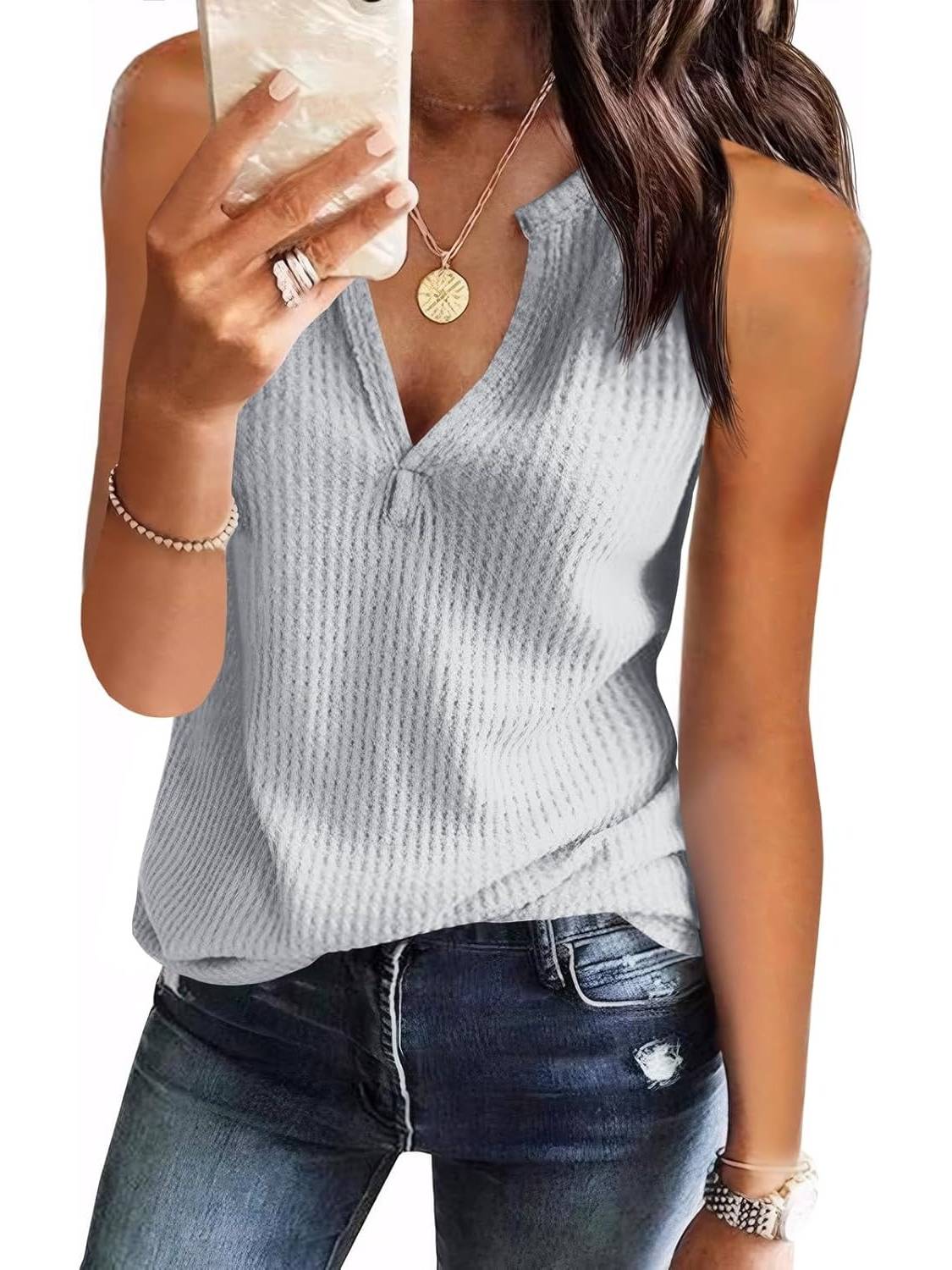 ✨Womens V Neck Waffle Knit Summer Casual Sleeveless Loose Tank Tops