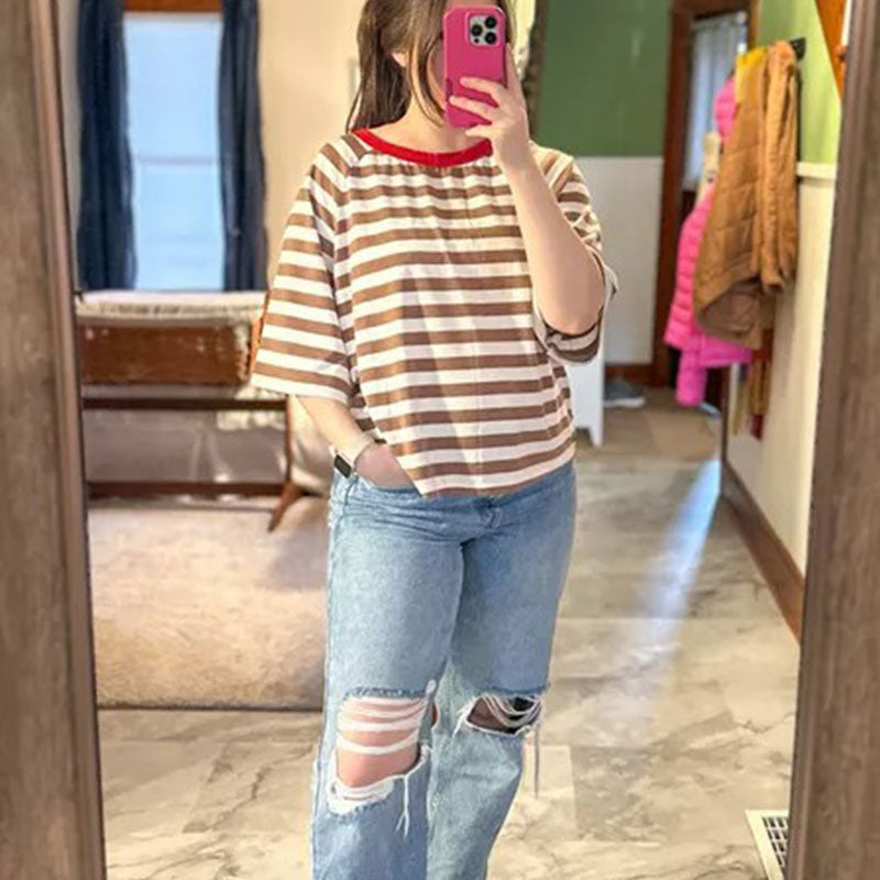 Women Summer Striped Color Blocking T Shirts Tee