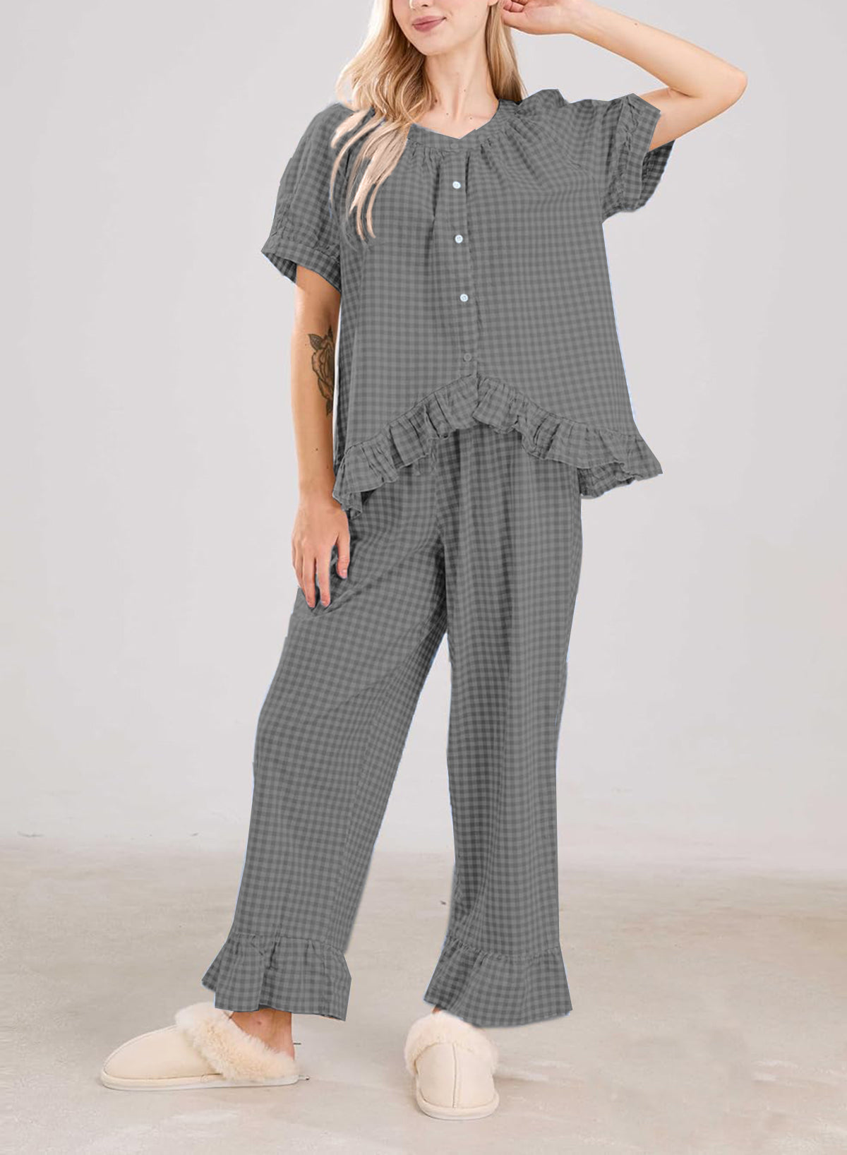 ✨Women Plaid 2 Piece Set Pajamas Outfits Short Sleeve Ruffle Shirt Pants Sets