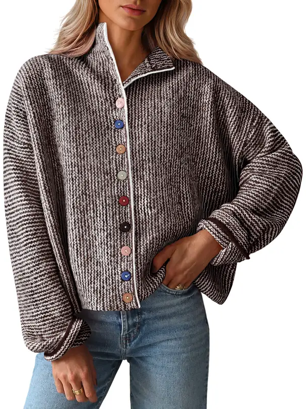 Womens Stand Collar Colorful Button Fall Cardigan