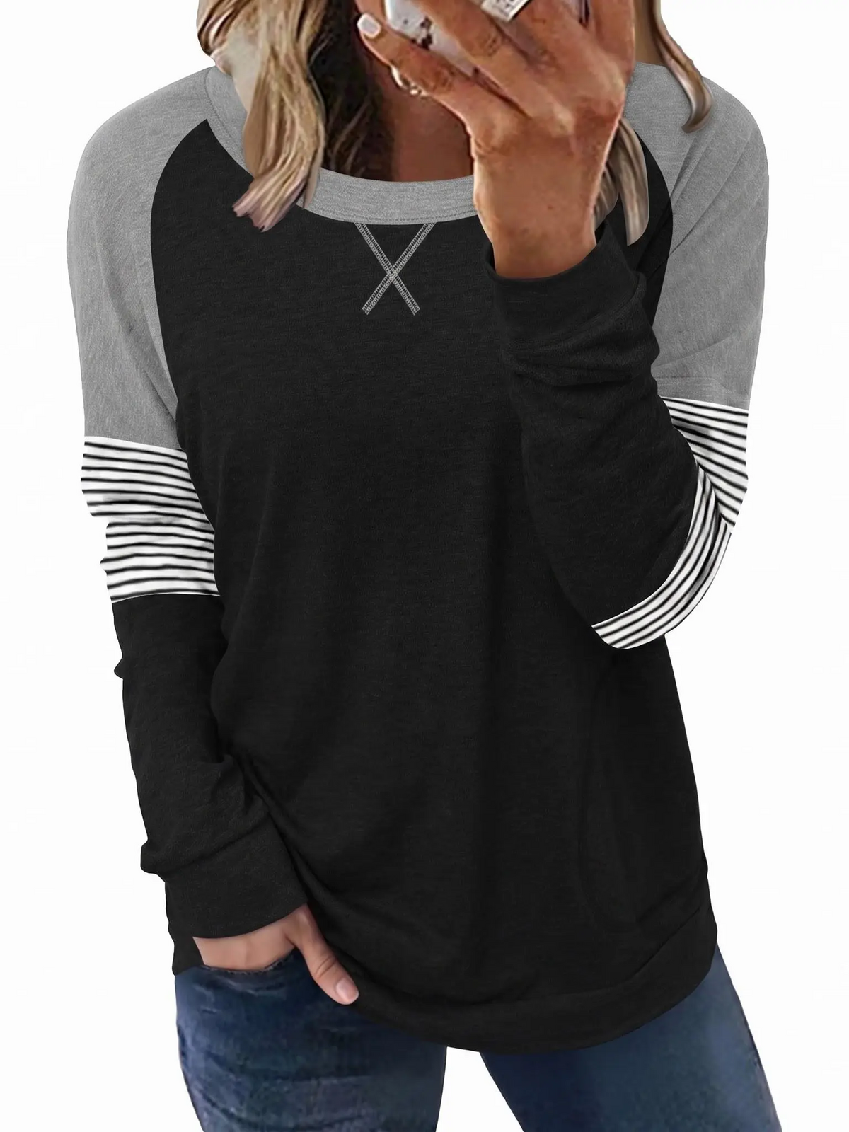Women Color Block Raglan Long Sleeve Top With Side Pocket