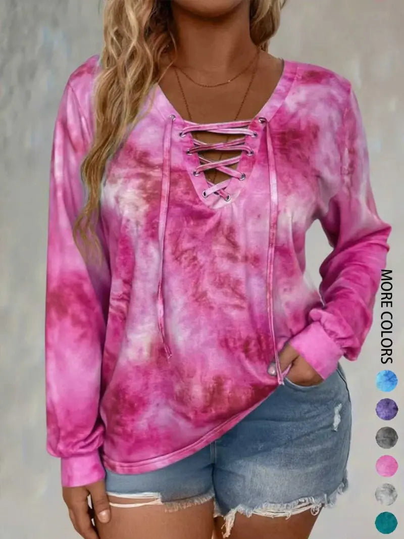 Women Tie Dye Lace Up Long Sleeve Top