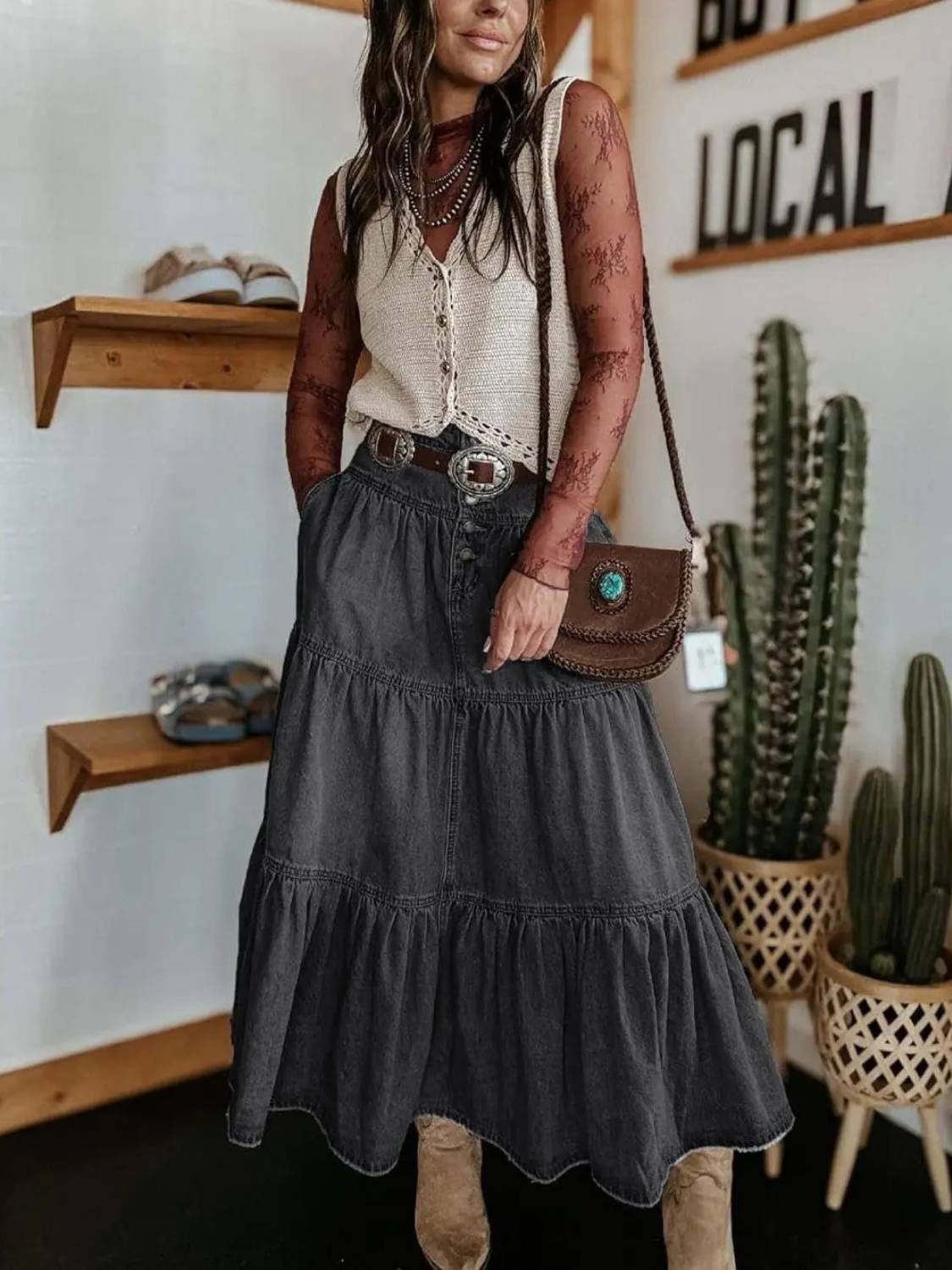 Women's Thick Chic High-Waisted A-Line Cowboy Denim Skirt
