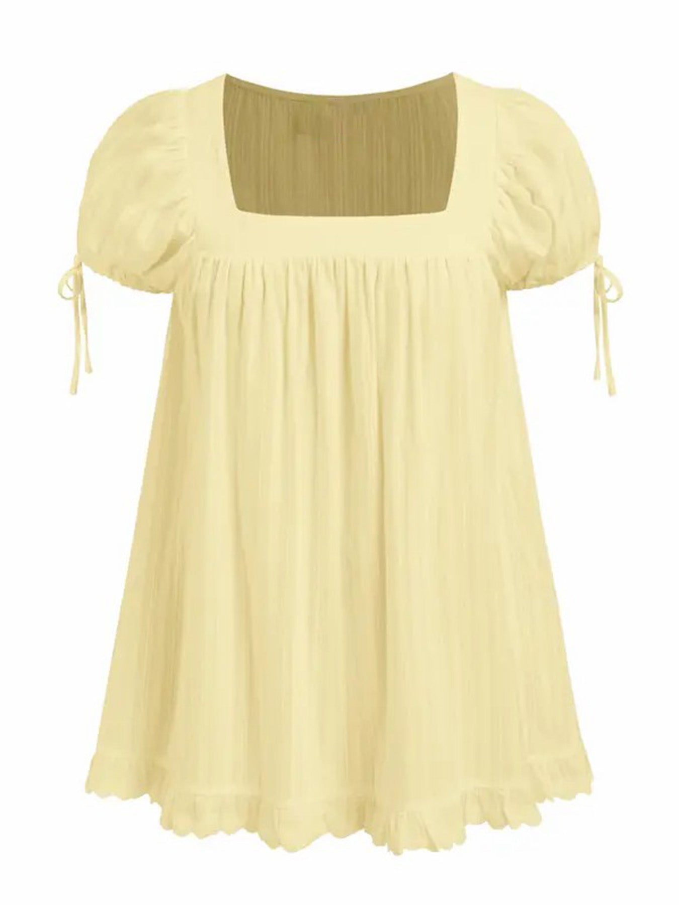 Sweet square neckline, ruffled chest, puff sleeves, adjustable silhouette, casual long shirt