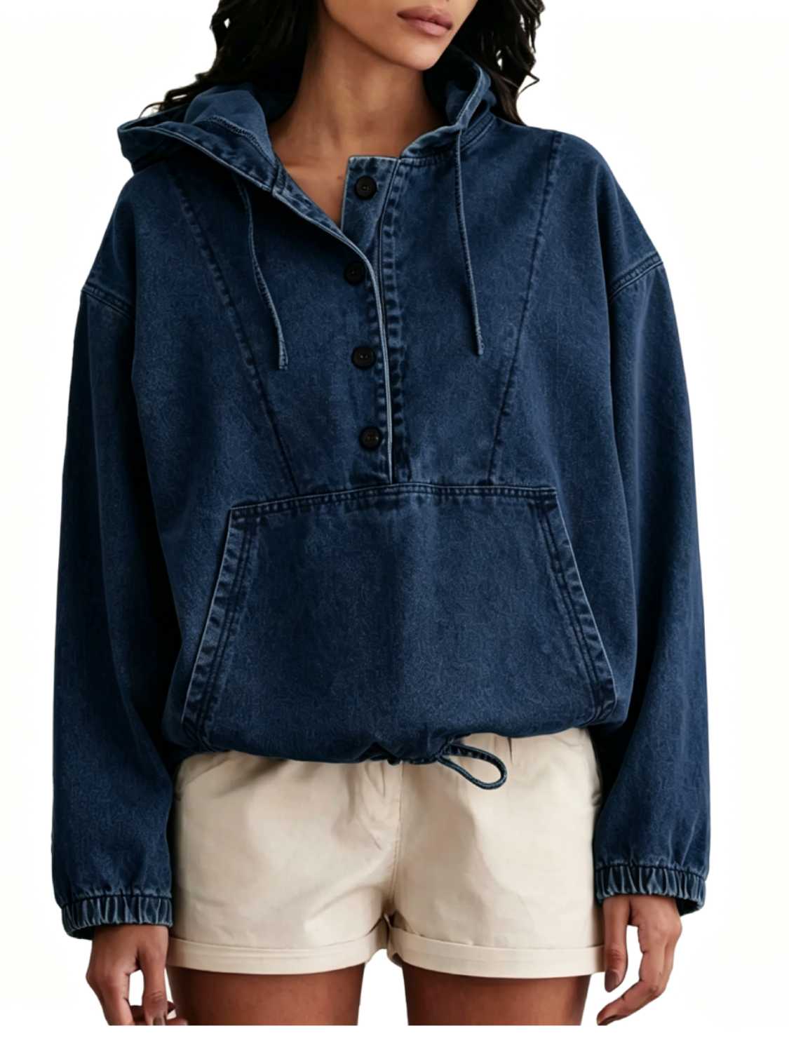 Stylish Drawstring Hooded Half-Button Denim Pullover