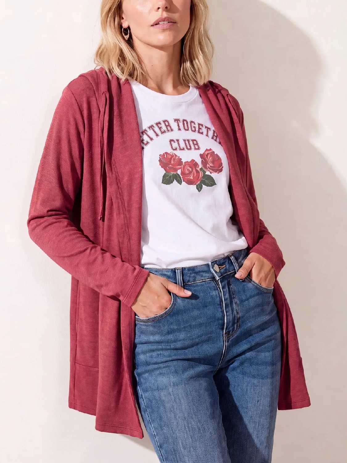 The Fall Long Sleeve Hooded Open Front Knit Cardigan