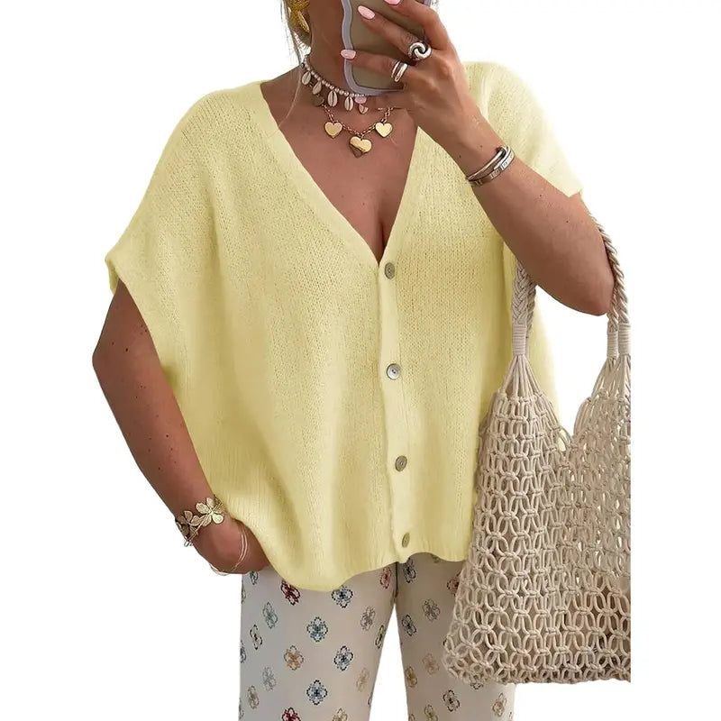 Women's Loose-fitting Knit Cardigan - Batwing Short Sleeves, Lightweight Button-down V-neck