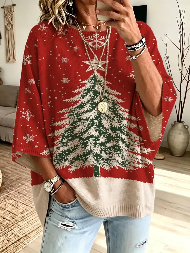 Christmas Loose Round Neck Bat Sleeve Knit Top for Women
