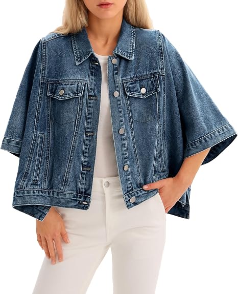 Women Trendy Cropped Cape‑Style Denim Shacket Half Sleeve Oversized Jean Jacket