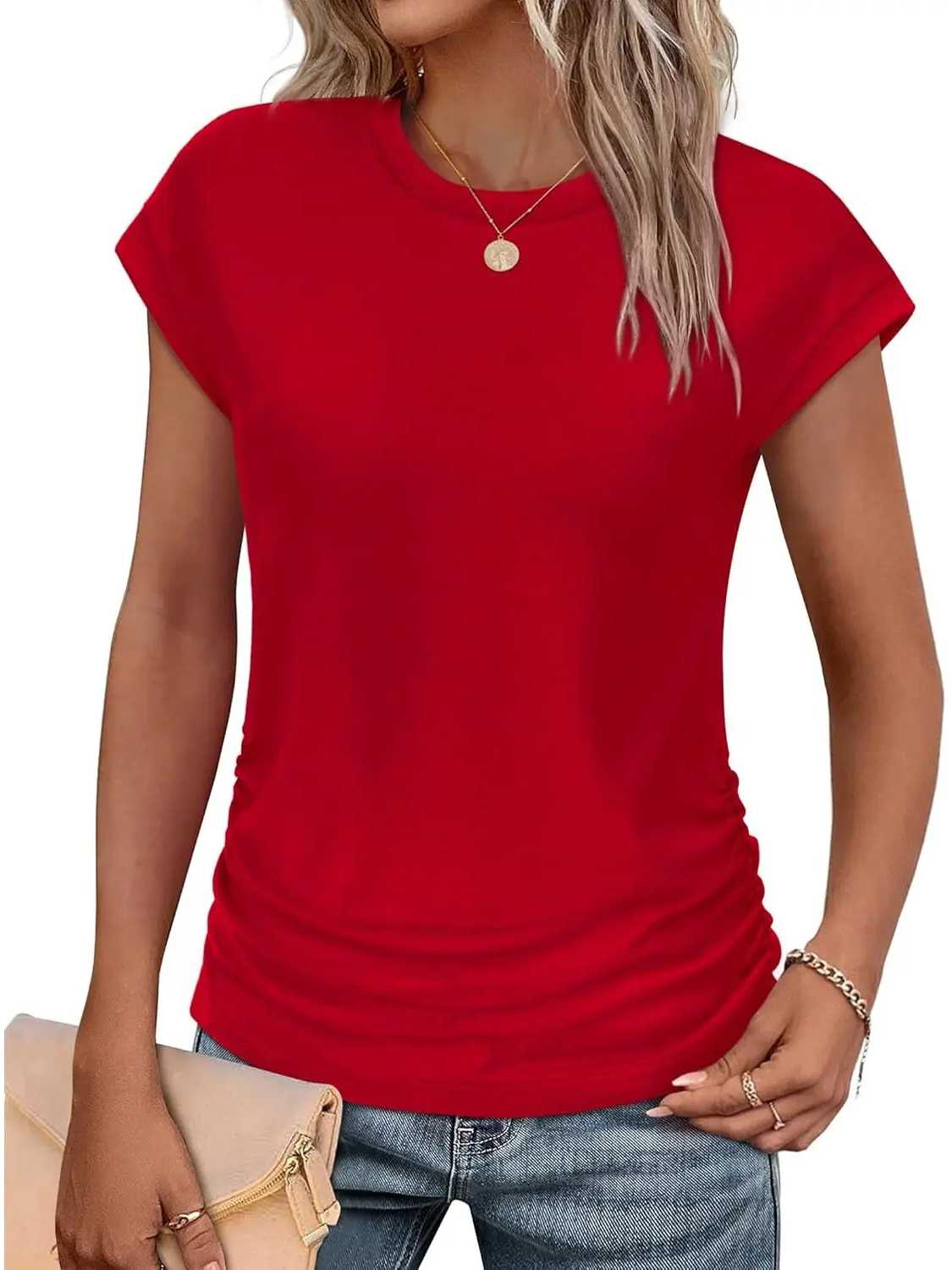 Womens Crew Neck Ruched Cap Short Sleeve Tshirts Shirts