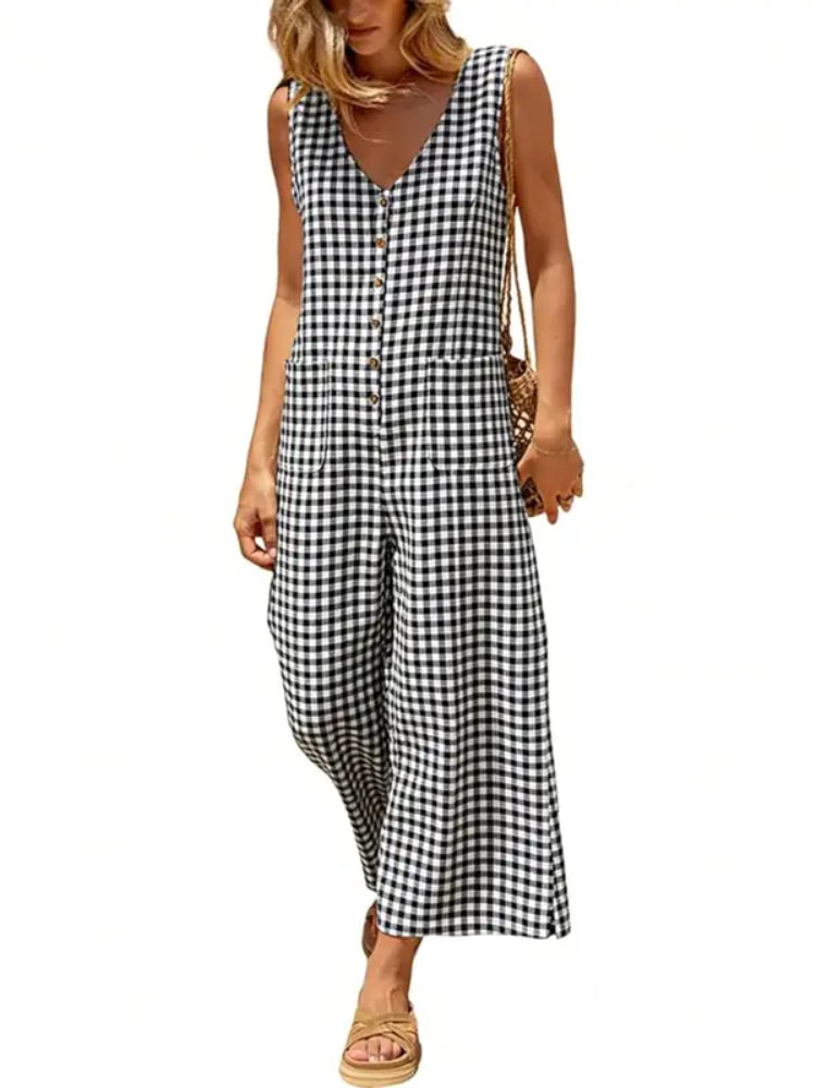 Women Sleeveless V-Neck Plaid Button Front Loose Wide Leg Jumpsuit