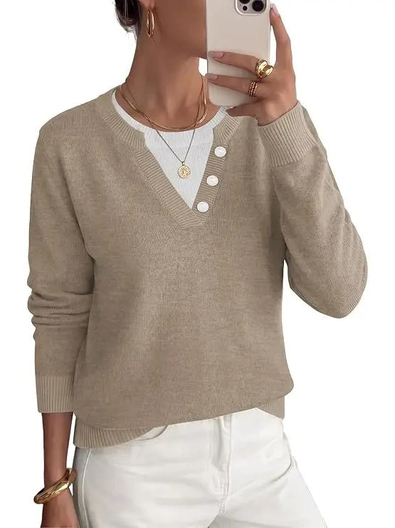 Women's Faux Layer V Neck Knit Sweater