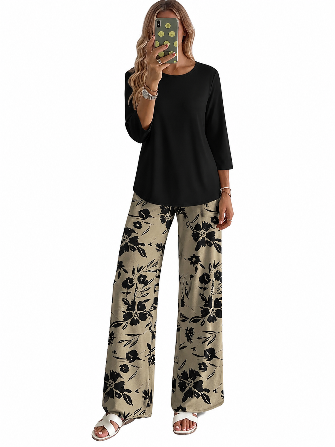 Women 3/4 Sleeve Solid Top & Graphic Print Wide Leg Pants