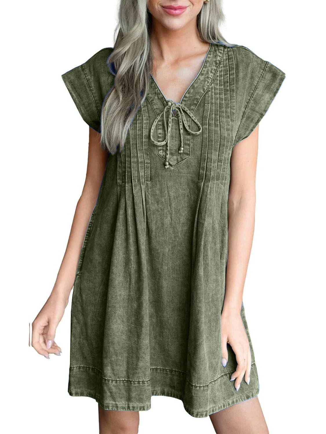 ✨Women's V-neck Pleated Denim Dress With Pockets