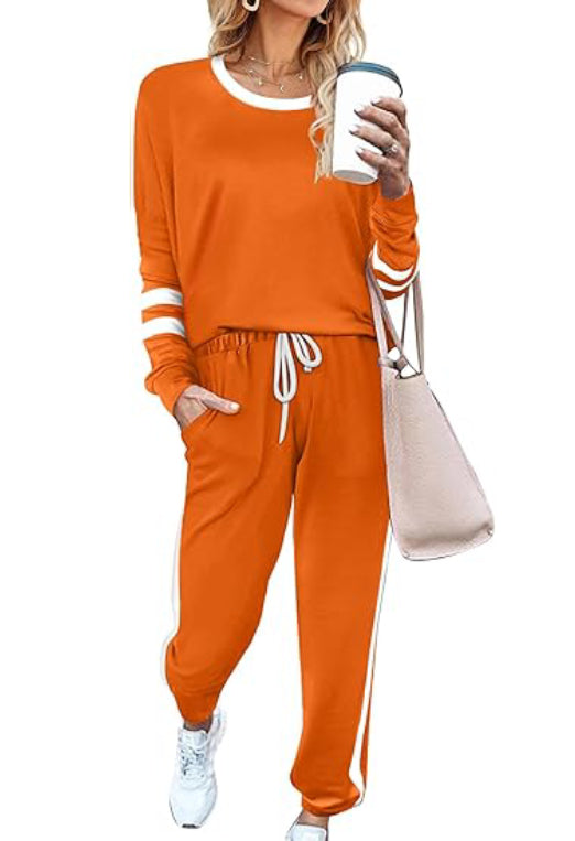 ✨Women's Solid Long Sleeve Round Neck Pulloever Top Drawstring Pants Set