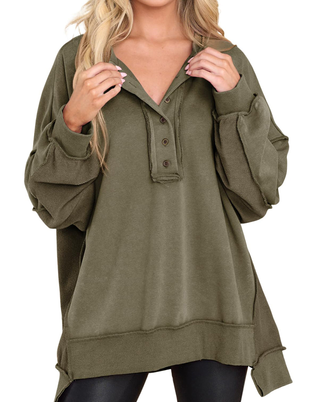 Limited time sale🔥Women's Oversized Henley Casual Buttoned Sweatshirt