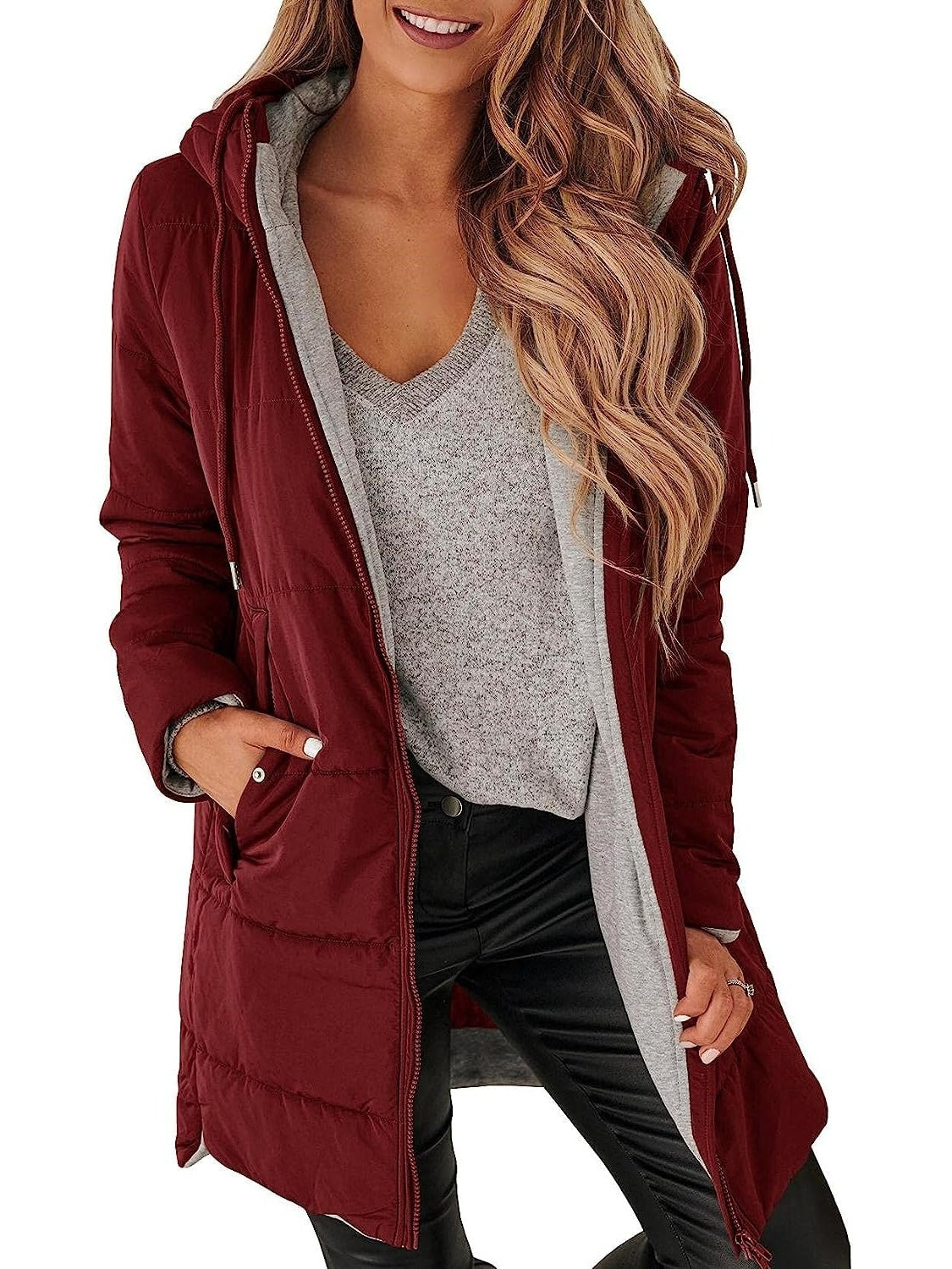 Women Hooded Drawstring Mid Puffer Coat