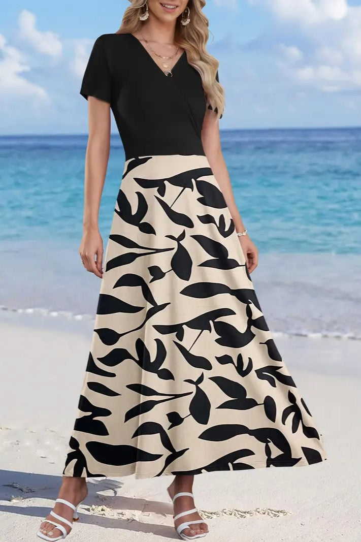 Women Short Sleeve V Neck Floral Wrap Maxi Dress
