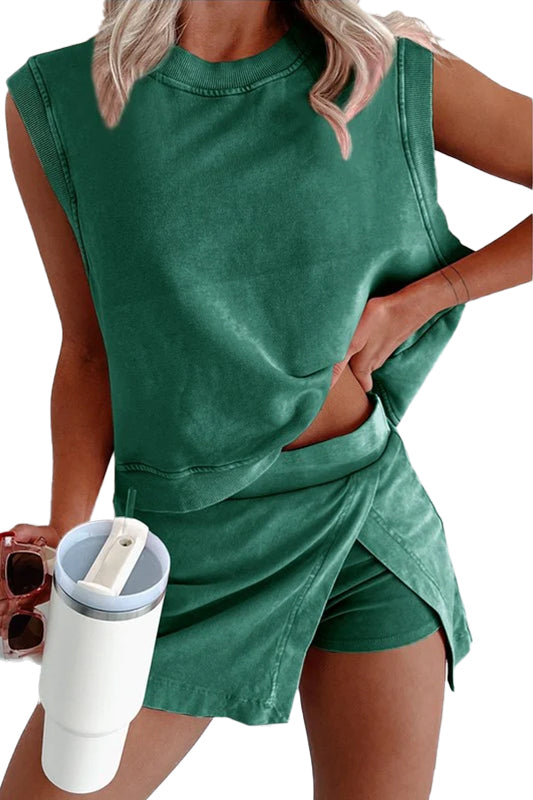 Womens Mineral Wash Comfy Tank Top Lined Split Athletic Skirt Set