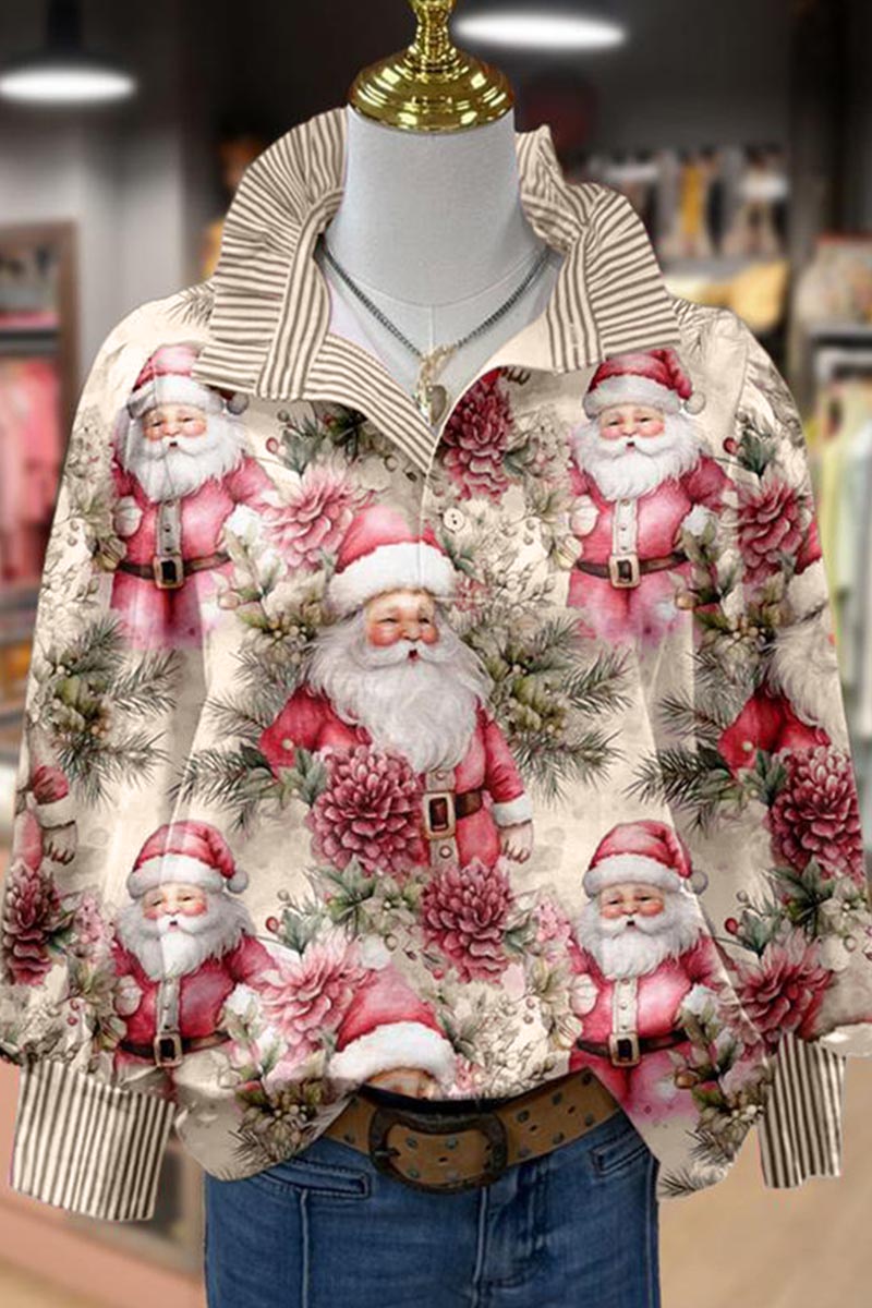 Vintage Christmas Santa Print Long Sleeve Top Casual Blouses