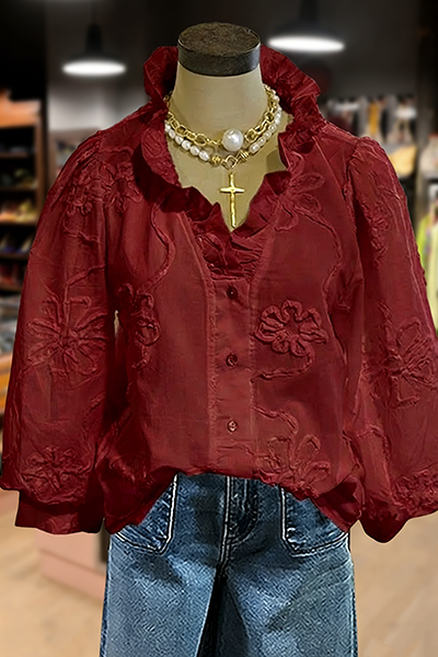 Embroidered Flower Ruffle Neck Puff Sleeve Top