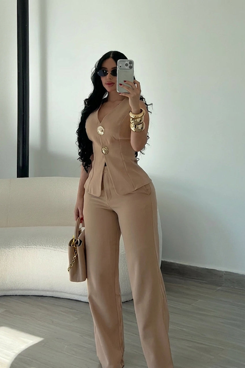 Sleeveless Gold Button Vest & Wide Leg Pants 2‑Piece Set
