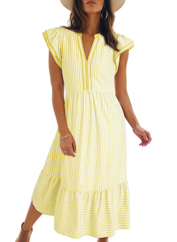 ⏰Hot Sale-Womens V-Neck Ruffle Striped Beach Midi Maxi Dress with Pockets