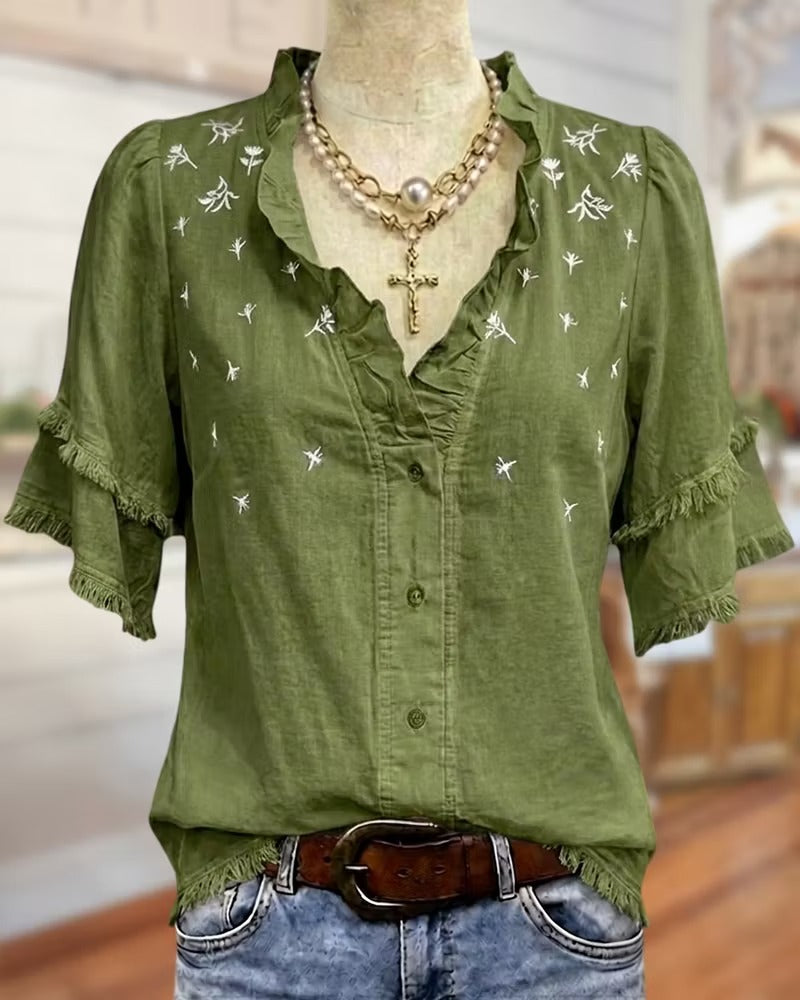 ⏰Hot Sale-Ruffle Trim V Neck Tiered Sleeve Floral Button Front Blouse