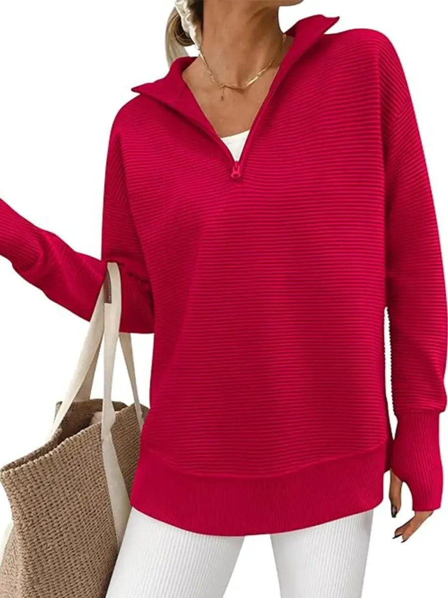 Limited time sale🔥Women Oversized Half Zip Collar Vertical Rib Long Sleeve Knit Top