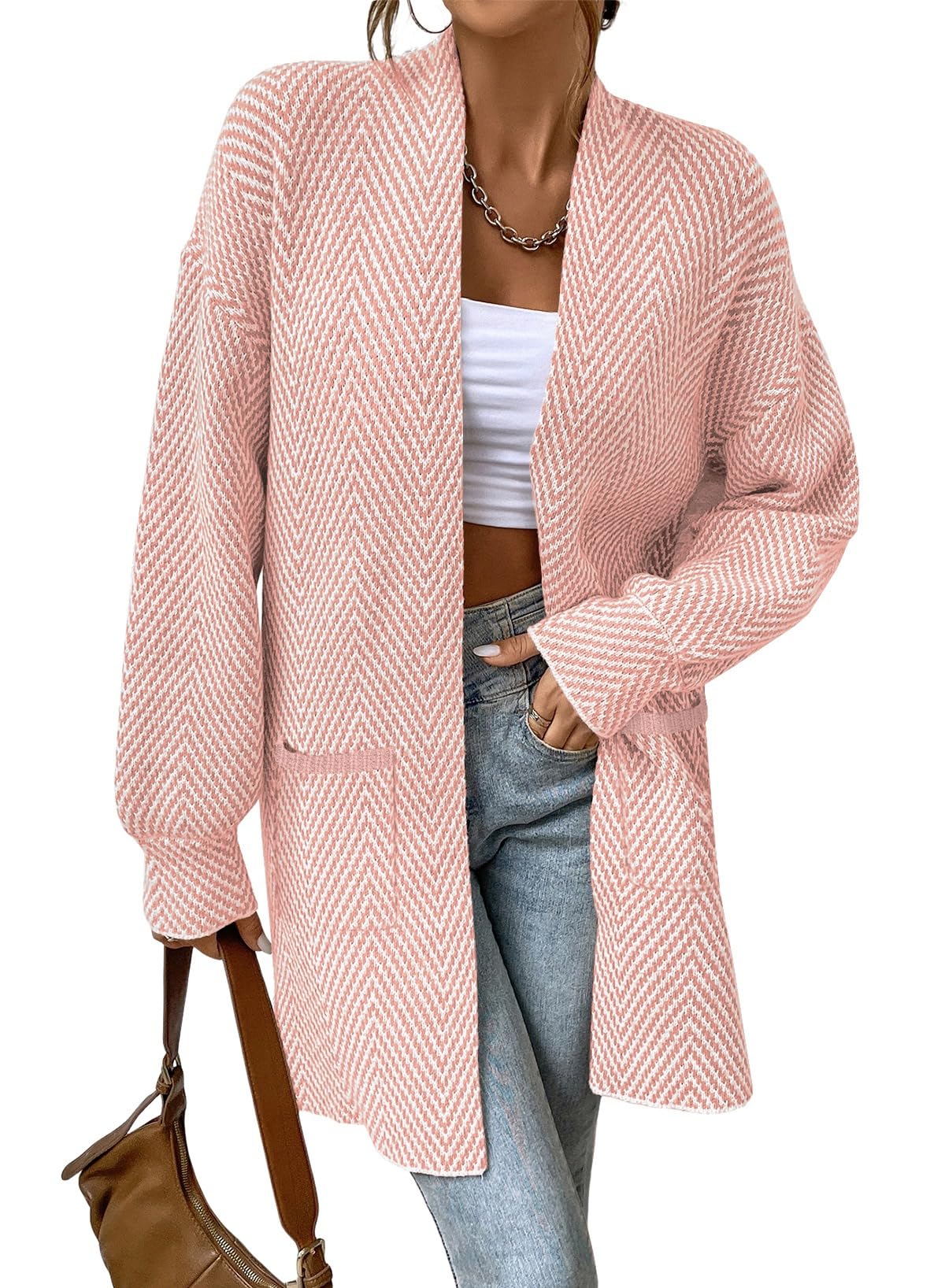 Women's Open Front Herringbone Cardigan Sweaters