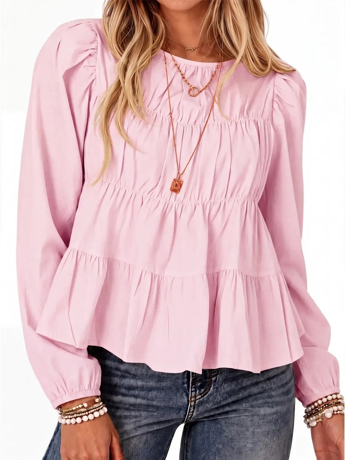Women Puff Sleeve Babydoll Blouse Peplum Hem