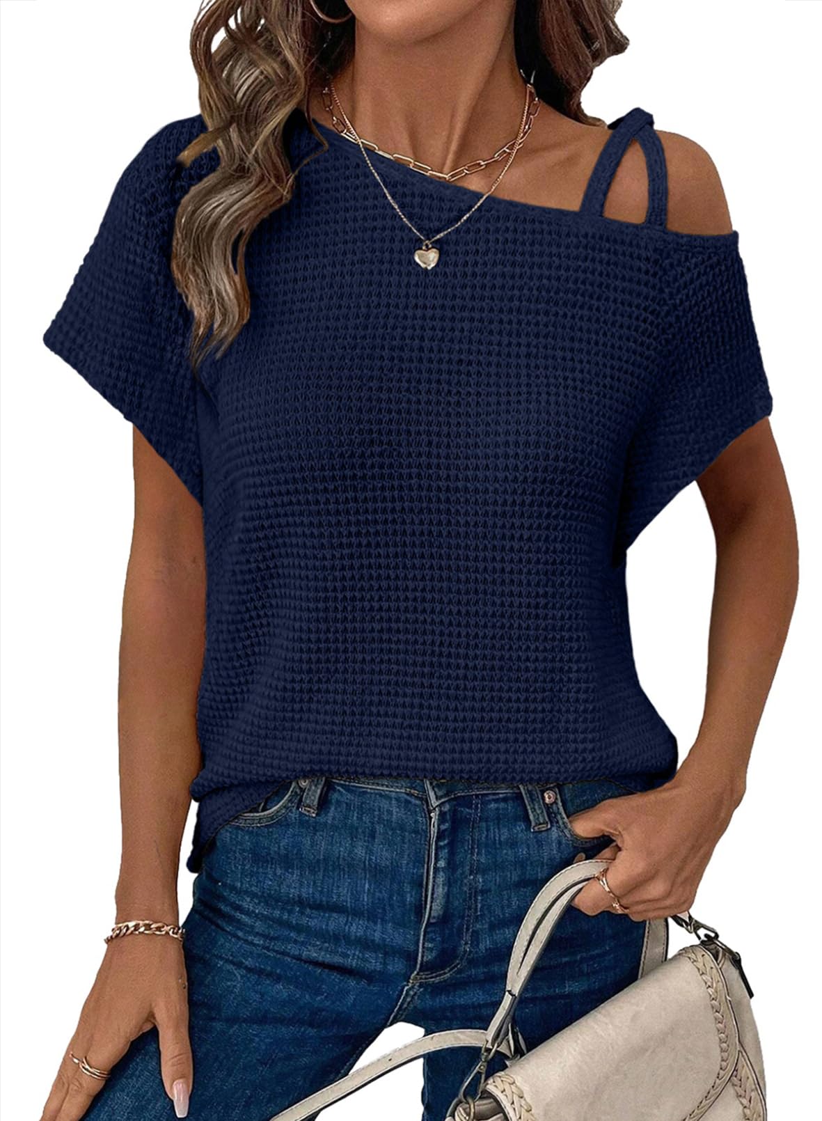 ✨Women's Off One Shoulder Waffle Knit Short Sleeve T-Shirts