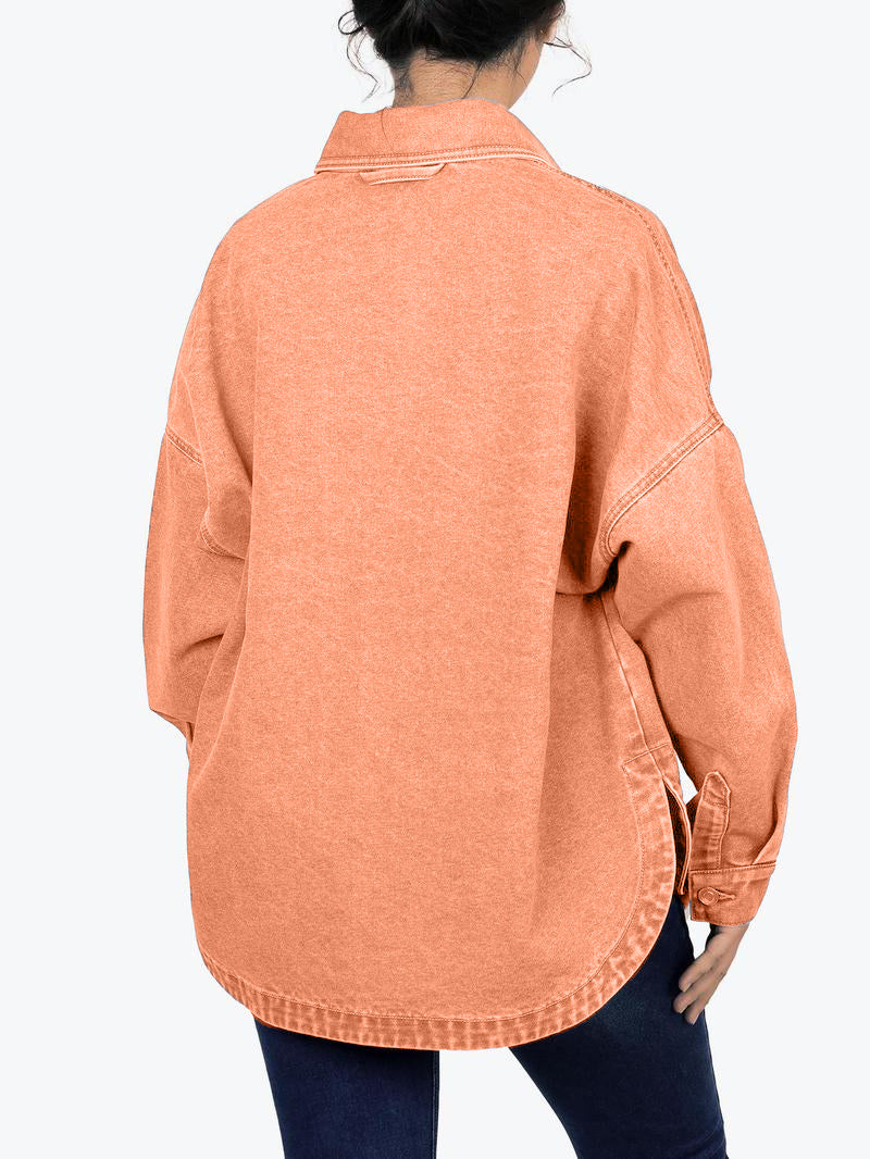 ✨Women's Solid Color Button Front Drop Shoulder Curved Hem Denim Jacket (Final Days: Big Savings!!!)