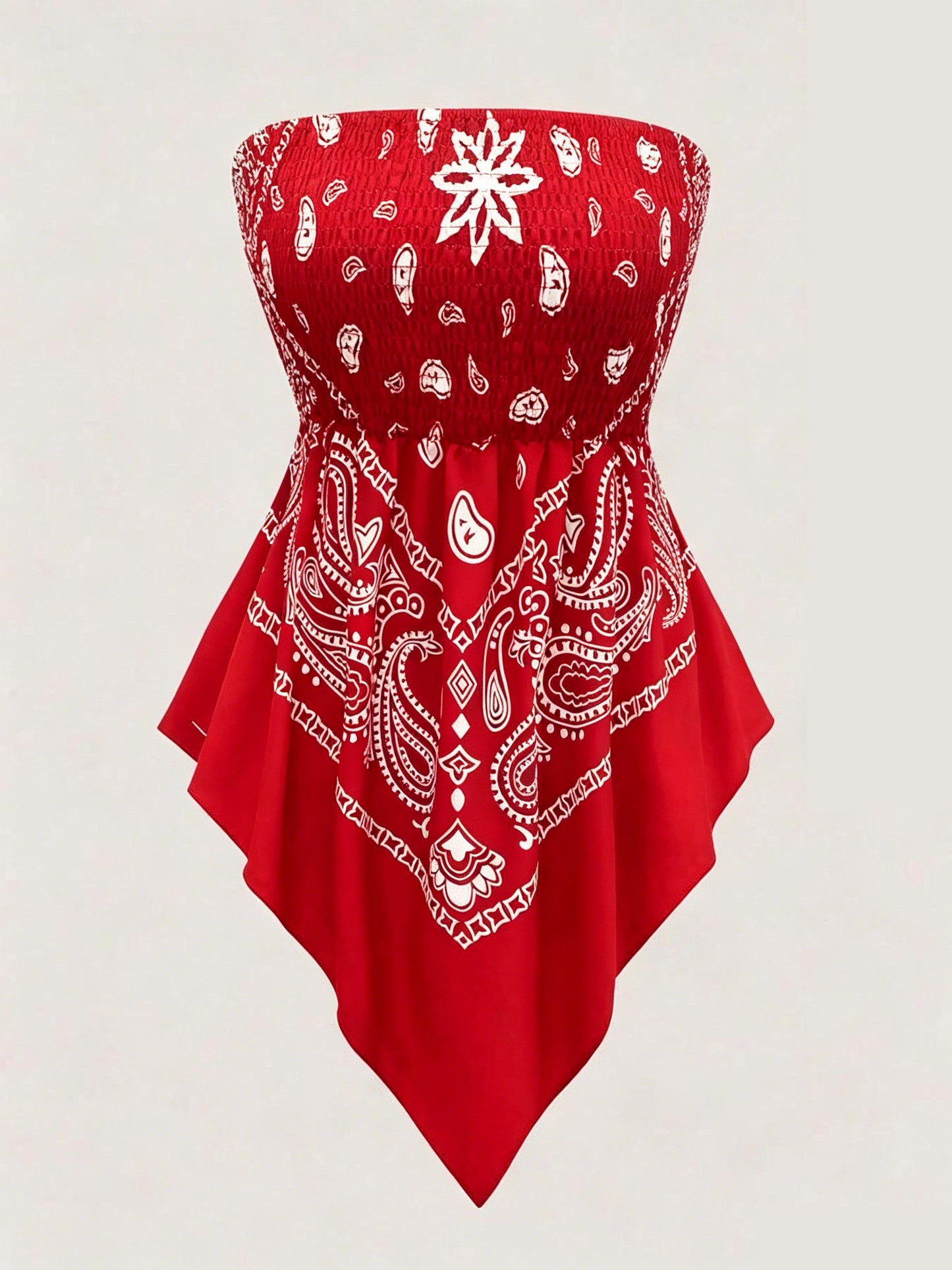 Women's printed strapless top with pleats and an asymmetrical hem
