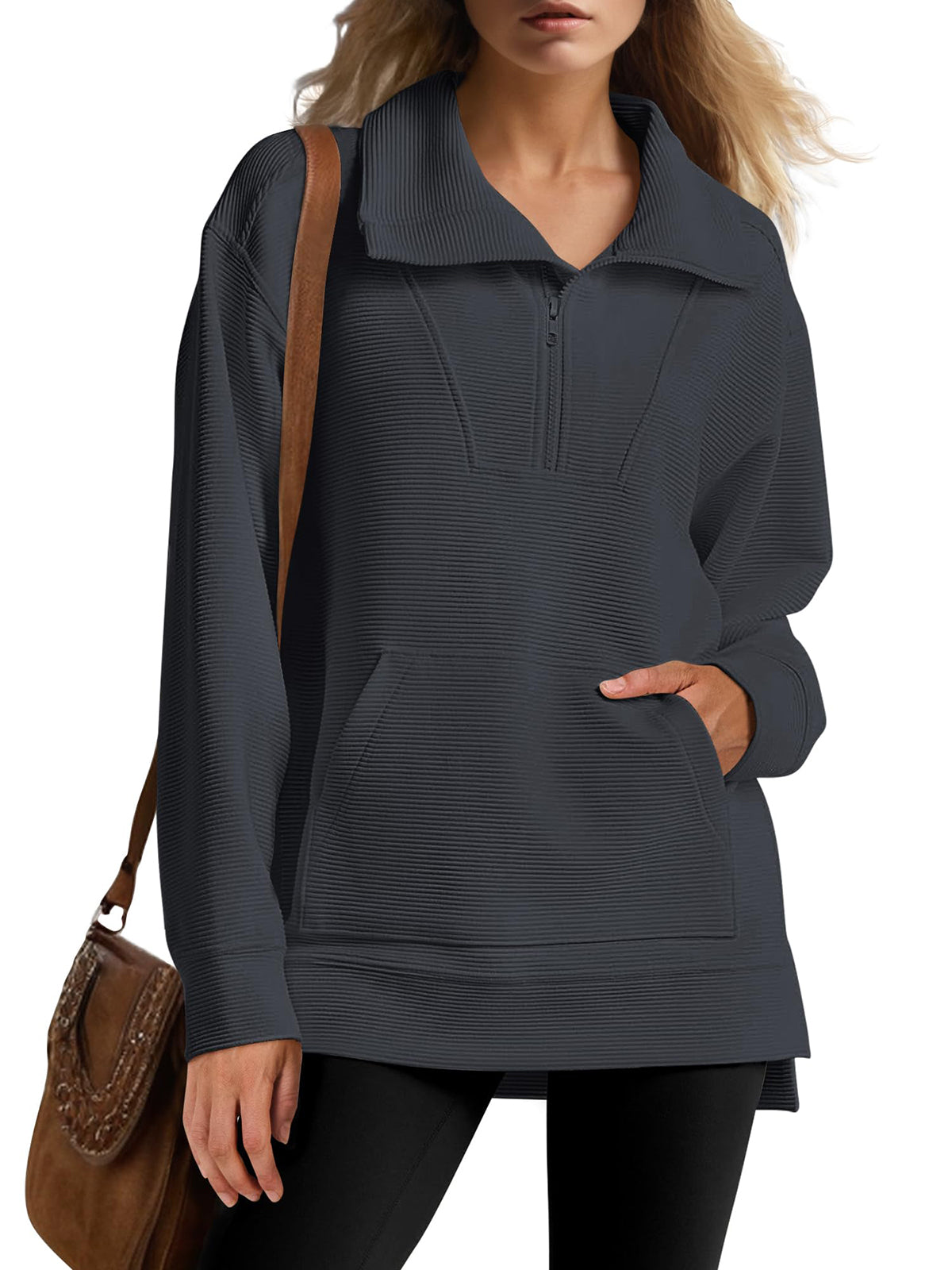 Women's Oversized High Neck Half Zip Knit Sweatshirt